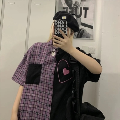 Cute Heart Pocket Plaid Patchwork Vintage Blouse Short Sleeve T- Shirt Top Aesthetic Casual Summer E-Girl Kawaii Korean Japanese Harajuku