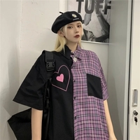 Cute Heart Pocket Plaid Patchwork Vintage Blouse Short Sleeve T- Shirt Top Aesthetic Casual Summer E-Girl Kawaii Korean Japanese Harajuku - Thumbnail 2