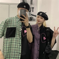 Cute Heart Pocket Plaid Patchwork Vintage Blouse Short Sleeve T- Shirt Top Aesthetic Casual Summer E-Girl Kawaii Korean Japanese Harajuku - Thumbnail 3
