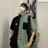 Cute Heart Pocket Plaid Patchwork Vintage Blouse Short Sleeve T- Shirt Top Aesthetic Casual Summer E-Girl Kawaii Korean Japanese Harajuku - Thumbnail 4