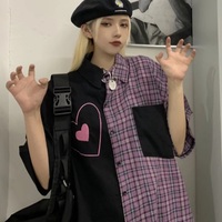 Cute Heart Pocket Plaid Patchwork Vintage Blouse Short Sleeve T- Shirt Top Aesthetic Casual Summer E-Girl Kawaii Korean Japanese Harajuku - Thumbnail 5