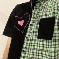 Cute Heart Pocket Plaid Patchwork Vintage Blouse Short Sleeve T- Shirt Top Aesthetic Casual Summer E-Girl Kawaii Korean Japanese Harajuku - Thumbnail 7