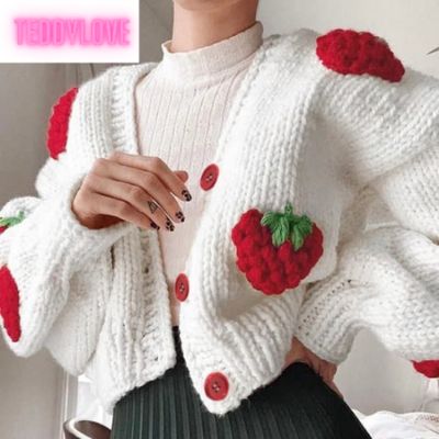Cute White Strawberry Crochet Loose Cardigan Long Sleeve V Neck Sweater Aesthetic Casual Summer E-Girl Kawaii Korean Japanese Harajuku