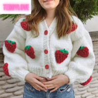 Cute White Strawberry Crochet Loose Cardigan Long Sleeve V Neck Sweater Aesthetic Casual Summer E-Girl Kawaii Korean Japanese Harajuku - Thumbnail 1