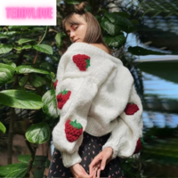 Cute White Strawberry Crochet Loose Cardigan Long Sleeve V Neck Sweater Aesthetic Casual Summer E-Girl Kawaii Korean Japanese Harajuku - Thumbnail 3