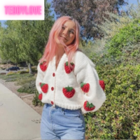 Cute White Strawberry Crochet Loose Cardigan Long Sleeve V Neck Sweater Aesthetic Casual Summer E-Girl Kawaii Korean Japanese Harajuku - Thumbnail 4