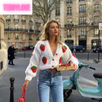 Cute White Strawberry Crochet Loose Cardigan Long Sleeve V Neck Sweater Aesthetic Casual Summer E-Girl Kawaii Korean Japanese Harajuku - Thumbnail 5