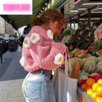 Cute Pink Daisy Flower Knit Crochet Loose Cardigan Long Sleeve V Neck Sweater Aesthetic E-Girl Kawaii Korean Japanese Harajuku - Thumbnail 1