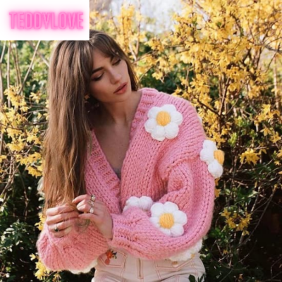 Cute pink daisy flower knit crochet loose cardigan long sleeve v neck sweater aesthetic e-girl kawaii korean japanese harajuku - Thumbnail 5