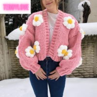 Cute Pink Daisy Flower Knit Crochet Loose Cardigan Long Sleeve V Neck Sweater Aesthetic E-Girl Kawaii Korean Japanese Harajuku - Thumbnail 2