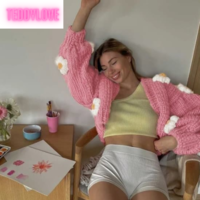 Cute Pink Daisy Flower Knit Crochet Loose Cardigan Long Sleeve V Neck Sweater Aesthetic E-Girl Kawaii Korean Japanese Harajuku - Thumbnail 4