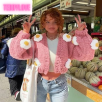 Cute Pink Daisy Flower Knit Crochet Loose Cardigan Long Sleeve V Neck Sweater Aesthetic E-Girl Kawaii Korean Japanese Harajuku - Thumbnail 6