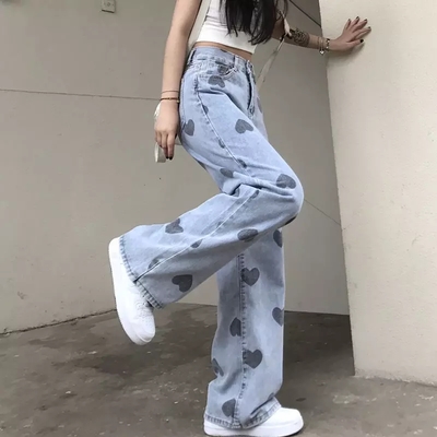 Cute Heart Denim Blue Loose High Waisted Straight Leg Flare Jeans Pants Aesthetic Casual Summer E-Girl Kawaii Korean Japanese Harajuku