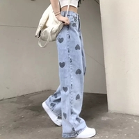 Cute Heart Denim Blue Loose High Waisted Straight Leg Flare Jeans Pants Aesthetic Casual Summer E-Girl Kawaii Korean Japanese Harajuku - Thumbnail 3