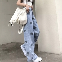 Cute Heart Denim Blue Loose High Waisted Straight Leg Flare Jeans Pants Aesthetic Casual Summer E-Girl Kawaii Korean Japanese Harajuku - Thumbnail 4