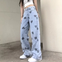 Cute Heart Denim Blue Loose High Waisted Straight Leg Flare Jeans Pants Aesthetic Casual Summer E-Girl Kawaii Korean Japanese Harajuku - Thumbnail 5