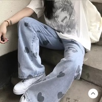 Cute Heart Denim Blue Loose High Waisted Straight Leg Flare Jeans Pants Aesthetic Casual Summer E-Girl Kawaii Korean Japanese Harajuku - Thumbnail 6