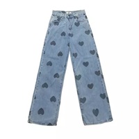 Cute Heart Denim Blue Loose High Waisted Straight Leg Flare Jeans Pants Aesthetic Casual Summer E-Girl Kawaii Korean Japanese Harajuku - Thumbnail 7