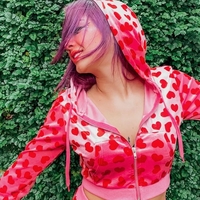 Cute Pink Heart Print Velvet Tracksuit Set Long Sleeve Cropped Hoodie + Sweatpants Aesthetic Casual Summer E-Girl Kawaii Korean Japanese Harajuku - Thumbnail 1