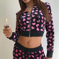 Cute Pink Heart Print Velvet Tracksuit Set Long Sleeve Cropped Hoodie + Sweatpants Aesthetic Casual Summer E-Girl Kawaii Korean Japanese Harajuku - Thumbnail 4