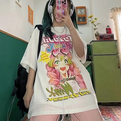 Cute anime girl cartoon graphic print retro vintage white oversize t- shirt top aesthetic casual summer e-girl kawaii korean japanese harajuku - Thumbnail 4