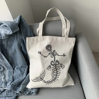 Cute Skeleton Skull Butterfly Wing Print Shoulder Bag Canvas Eco Tote Aesthetic Casual Summer E-Girl Kawaii Korean Japanese Harajuku - Thumbnail 8
