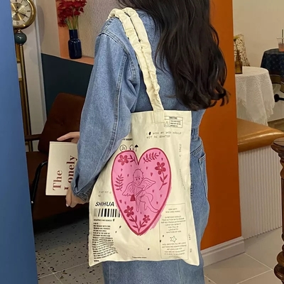 Cute Cupid Angel Love Heart Print Canvas Tote Shoulder ECO Bag 90s Retro Vintage Aesthetic Casual Summer E-Girl Kawaii Korean Japanese Harajuku