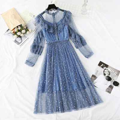  lace hollow out dress single breasted french vintage - Thumbnail 4