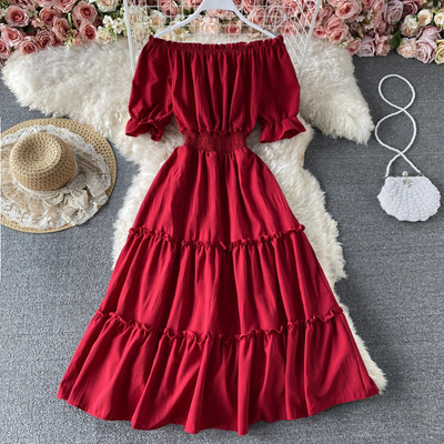 Vintage slash neck midi dress women sexy off shoulder - Thumbnail 1