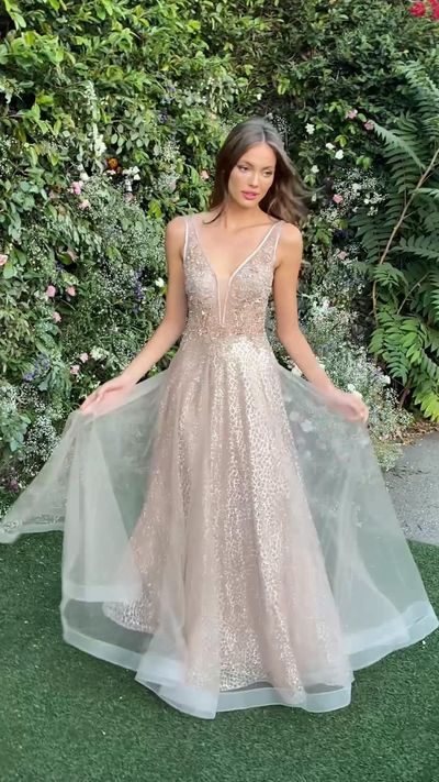 SP1725,Luxury Champagne Sequin Beaded Long Prom Dresses