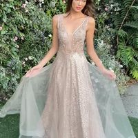 SP1725,Luxury Champagne Sequin Beaded Long Prom Dresses - Thumbnail 1