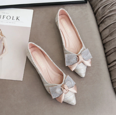 Designer Crystal Big Bow Flats Women Pointy Glitter