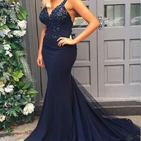 SP1727,Dark Navy Blue Mermaid Prom Dress Spaghetti Straps With Beading - Thumbnail 1