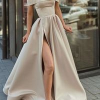SP1728,Champagne off the shoulder prom dresses satin a line evening gown - Thumbnail 1