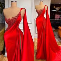 SP1735,Red mermaid beading one shoulder high split prom dresses with sash - Thumbnail 1
