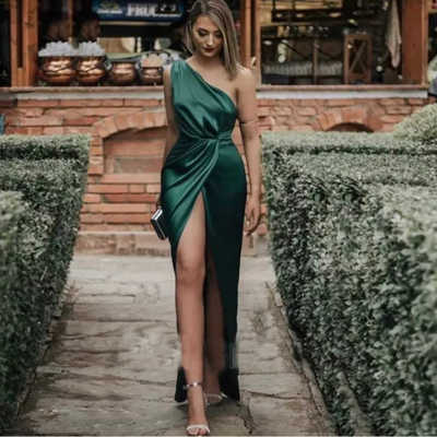 Sp1737,one shoulder slit side dark green prom dresses - Thumbnail 3