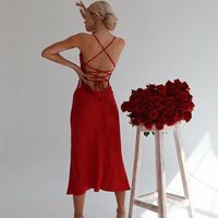 SP1738,Red silk slip dress cowl neck Silk midi dress bare shoulders and open back Dress for bridesmaid Satin dress for special occasion - Thumbnail 1