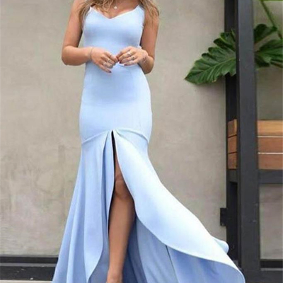 Sp1741,charming straps blue trumpet backless satin split prom dress - Thumbnail 1