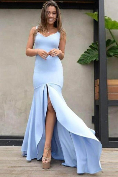 SP1741,Charming Straps Blue Trumpet Backless Satin Split Prom Dress