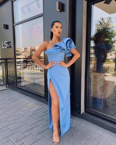 SP1742,Sheath One Shoulder Blue Satin Ruffled Shoulder Slit Evening Dresses,Prom Party Dresses