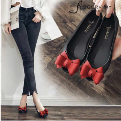Korean simple bow casual shoes fish mouth flat