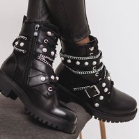 Winter Women Boots Chains Pearls Lace Boot - Thumbnail 1