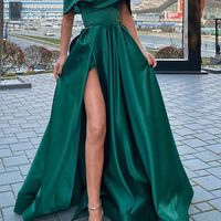 SP1748,Off the Shoulder Emerald Green Satin Long Prom Dresses with Leg Slit, Off Shoulder Dark Green High Slit Long Formal Evening Dresses - Thumbnail 1