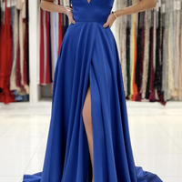 SP1749,Sexy Royal Blue Stretch Satin Ruffles High Split Evening Dresses - Thumbnail 1