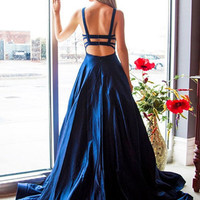 SP1750,Beautiful Open Back Royal Blue Prom Dress Long Satin Formal Gown - Thumbnail 1