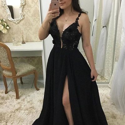 Sp1756,black long prom dresses with appliques,sexy split evening dress - Thumbnail 4