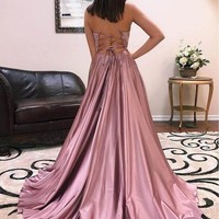 SP1757,Spaghetti Straps V Neck A Line Satin Prom Dress with Split Side - Thumbnail 1