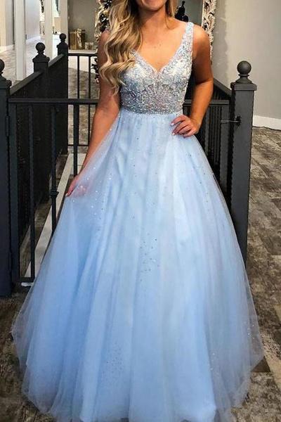 SP1759,Light Sky Blue A-line Beading Prom Dresses Floor-length V-Neck
