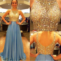 SP1760,Light Blue Chiffon Beading Open Back Sheath Long Prom Dresses - Thumbnail 1