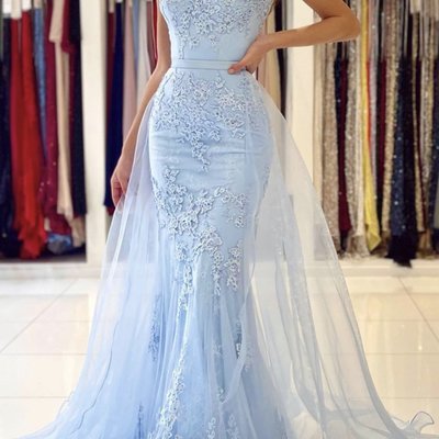 Sp1763,glamorous spaghetti-straps lace mermaid long evening prom dress sky blue - Thumbnail 4